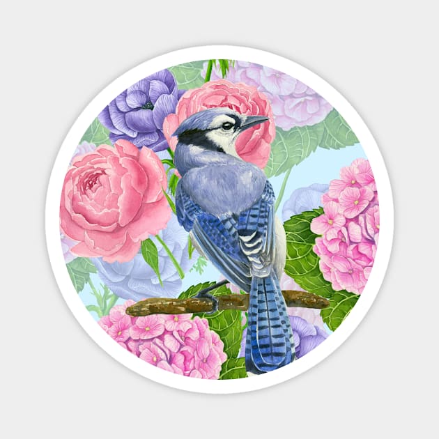 Blue jay and flowers watercolor pattern Magnet by katerinamk